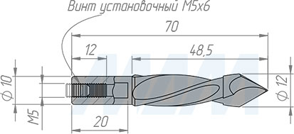 Размеры сквозного сверла, D=12мм, L=70мм, LH (артикул 8020870)