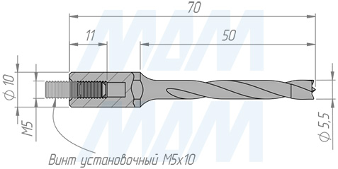 Размеры глухого сверла, D=5,5мм, L=70мм, RH серии Standard (артикул 9010770)