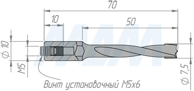 Размеры глухого сверла, D=5мм, L=70мм, LH (артикул 9011270)