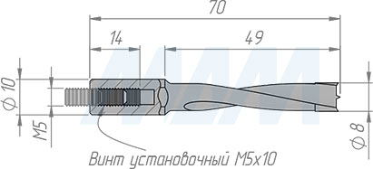 Размеры глухого сверла, D=8мм, L=70мм, RH (артикул 9011470)