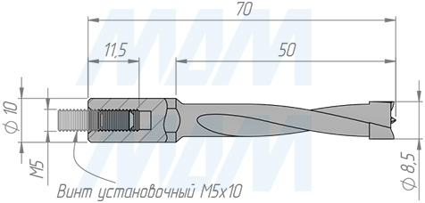 Размеры глухого сверла, D=8,5мм, L=70мм, RH серии Standard (артикул 9011570)