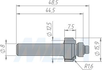 Размеры радиусной обгонной фрезы с нижним подшипником, R=3,2 мм, D=19 мм, L=48 мм, B=10 мм (артикул C124.190.R)