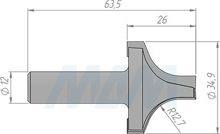 Размеры радиусной фрезы R=12,7 мм, D=34,9 мм, B=25,4 мм, L=63,5 мм (артикул E113.349.R)