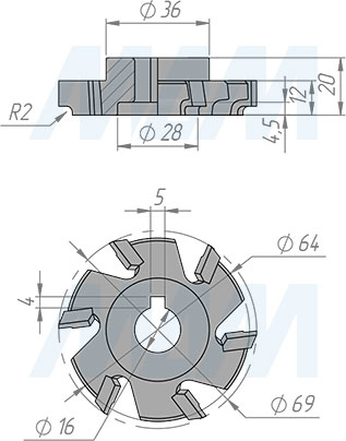 Размеры фрезы для снятия свесов HM CUTTER D69X12X16 Z6 R2 LH ECLIPSE (артикул FSB.6912166R2L)