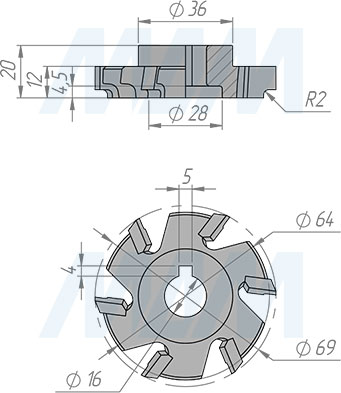 Размеры фрезы для снятия свесов HM CUTTER D69X12X16 Z6 R2 RH ECLIPSE (артикул FSB.6912166R2R)