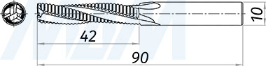 Размеры черновой спиральной твердосплавной фрезы D10xL42, S10xGL90, 3 зуба, стружка вверх (артикул KF-123-10-42-10)