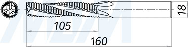 Размеры черновой спиральной твердосплавной фрезы D18xL105, S18xGL160, 3 зуба, стружка вверх (артикул KF-123-18-105-18)