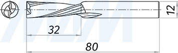 Размеры чистовой спиральной твердосплавной фрезы D12xL32, S12xGL80, 2 зуба, стружка вниз (артикул KF-212-12-32-12)