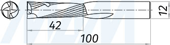 Размеры компрессионной спиральной твердосплавной фрезы D12xL42, S12xGL100, 2+2 зуба, стружка вверх/вниз (артикул KF-312-12-42-12)