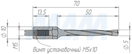 Размеры глухого сверла D=5мм, L=70мм, B=43мм, вращение правое (артикул L104.050.R)