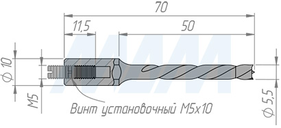 Размеры глухого сверла D=5,5мм, L=70мм, B=43мм, вращение левое (артикул L104.055.L)