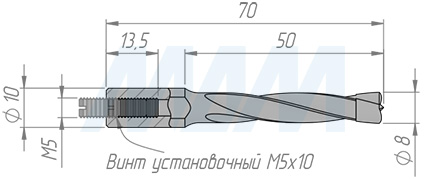 Размеры глухого сверла D=8мм, L=70мм, B=43мм, вращение правое (артикул L104.080.R)