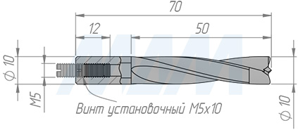 Размеры глухого сверла D=10мм, L=70мм, B=43мм, вращение правое (артикул L104.100.R)