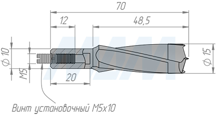 Размеры чашечного сверла, D=15мм, L=70мм, вращение правое (артикул L104.150.R)