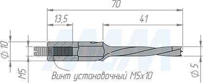 Размеры глухого сверла, D=5мм, L=70мм, B=35мм, вращение левое (артикул L107.050.L)