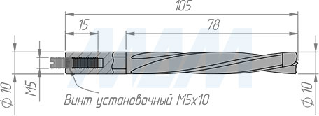 Размеры глухого сверла, D=10мм, L=105мм, B=70мм, вращение левое (артикул L110.100.L)