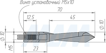 Размеры сквозного сверла, D=10мм, L=70мм, B=37мм, вращение левое (артикул L124.100.L)