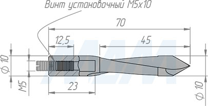 Размеры сквозного сверла, D=10мм, L=70мм, B=37мм, вращение правое (артикул L124.100.R)