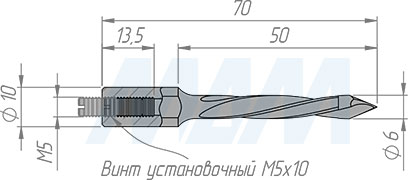 Размеры сквозного сверла, D=6мм, L=70мм, B=44мм, вращение левое (артикул L127.060.L)