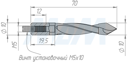 Размеры сквозного сверла, D=10мм, L=70мм, B=44мм, вращение правое (артикул L127.100.R)