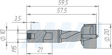 Размеры чашечного сверла, D=20мм, L=57мм, вращение левое (артикул L140.200.L)