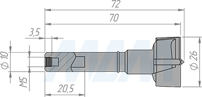 Размеры чашечного сверла, D=26мм, L=70мм, вращение левое (артикул L141.260.L)