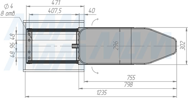 Размеры поворотно-выдвижной складной гладильной доски (артикул IB1135Y5), чертеж 1