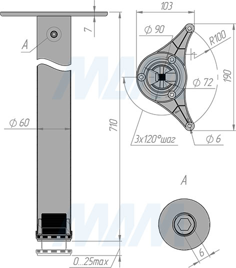 Размеры опоры для стола, диаметр 60 мм, высота 710 мм, регулировка 25 мм (артикул X4RG 710)