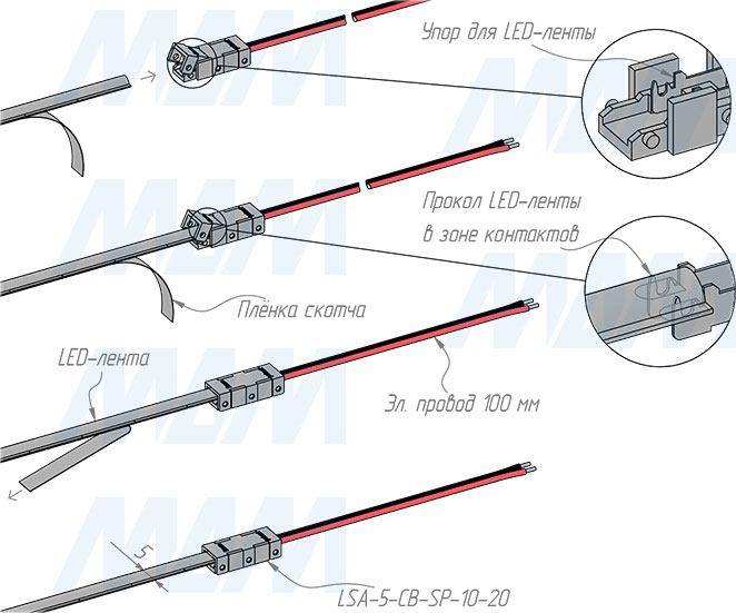 Установка коннектора COB для присоединения светодиодной ленты 5 мм к блоку питания, провод 100 мм, IP20 (артикул LSA-5-CB-SP-10-20)