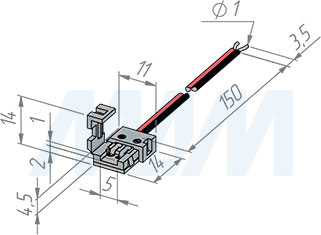 Размеры коннектора STANDART для присоединения светодиодной ленты 5 мм к блоку питания, провод 150 мм, IP20 (артикул LSA-5-SD-SP-15-20)