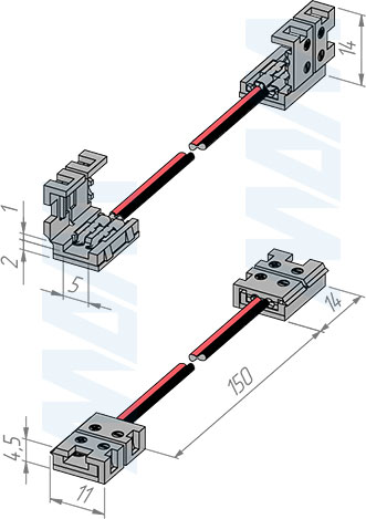 Размеры коннектора STANDART для соединения светодиодной ленты 5 мм между собой, провод 150 мм, IP20 (артикул LSA-5-SD-SS-15-20)