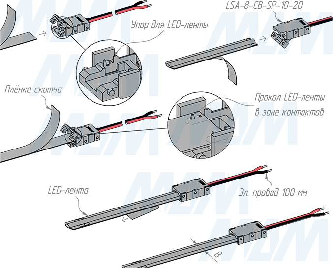 Установка коннектора COB для присоединения светодиодной ленты 8 мм к блоку питания, провод 100 мм, IP20 (артикул LSA-8-CB-SP-10-20)