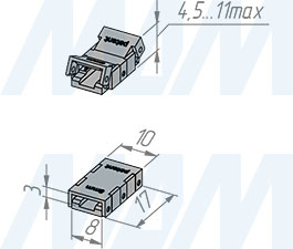 Размеры коннектора COB для соединения светодиодной ленты 8 мм стык в стык, IP20 (артикул LSA-8-CB-SS-NO-20)