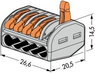 Размеры клеммы 222 на пять подключений с рычажком, для проводов 0,08-4 кв. мм, ток 32 A (артикул WA-222-415)