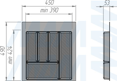 Размеры лотка FORMA для столовых приборов для ящика с фасадом 500 мм (артикул CT501U-01)