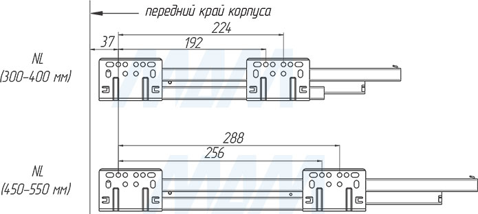 Присадочные размеры для направляющих при установке внутреннего ящика M-TECH (артикул MT.SI)