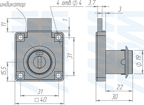 Размеры выдвижного замка с индикатором с 1 оборотом для 1 двери (артикул 507-11 IND)